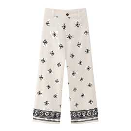 外贸时尚女装欧美风 2023春秋季新款百搭几何刺绣阔腿直筒长裤休