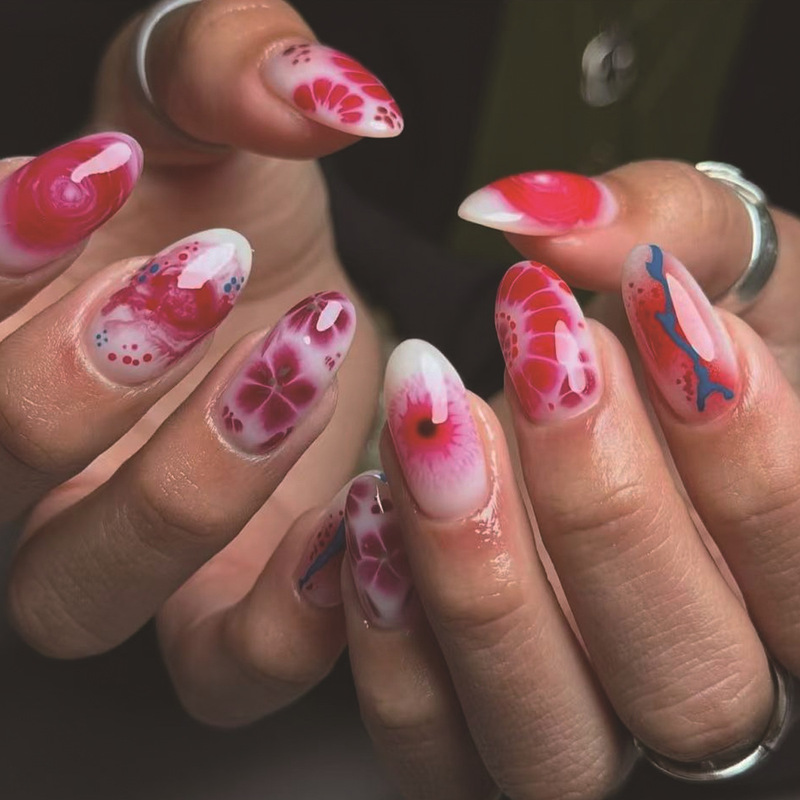 Halloween horror-style blood, veins, eyeball, and flower pattern design short oval press-on nails Halloween horror-style blood, veins, eyeball, and flower pattern design short oval press-on nails