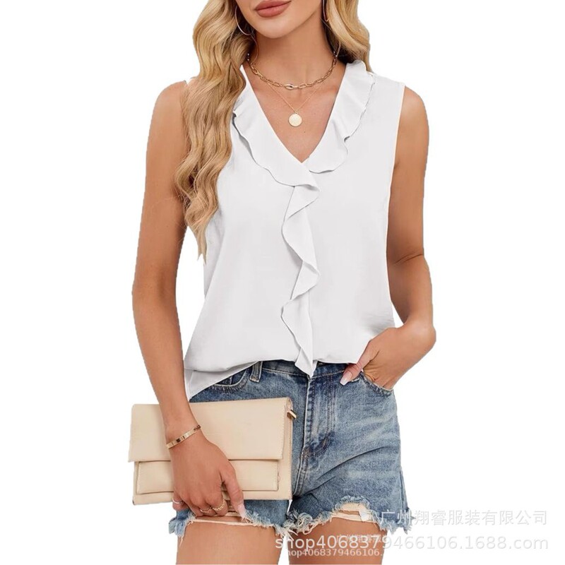 European and American Amazon 2025 Women's Summer Vest V-neck Ruffled Sleeveless Elegant Casual Shirt European and American Amazon 2025 Women's Summer Vest V-neck Ruffled Sleeveless Elegant Casual Shirt