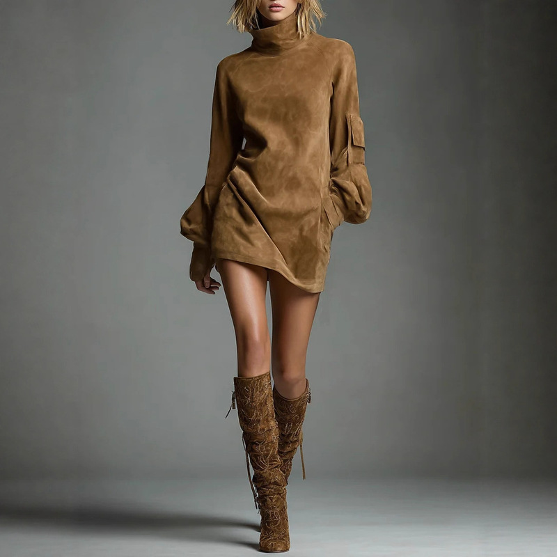2025 European and American Cross-Border Classy Women's Retro Lapel Imitation Suede Short Dress Autumn and Winter New Long-Sleeved Short Skirt