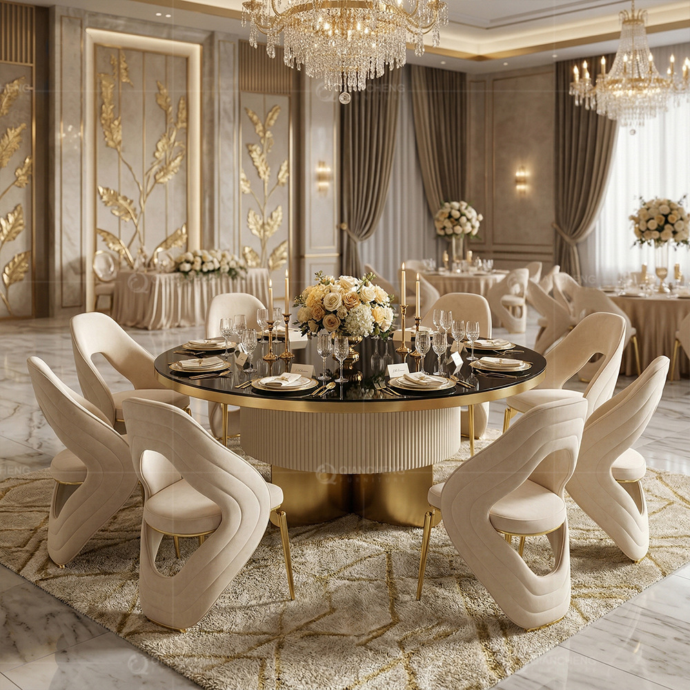 Mesa de Comedor Redonda de Vidrio para 12 Personas, Vidrio y Metal, Personalizable, para Hotel y Restaurante