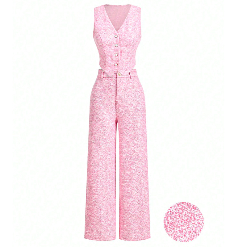 European and American Style Sexy Vest Suit 2025 New Style Small Fragrant Pink V Neck Sleeveless Vest Pants Suit Wholesale