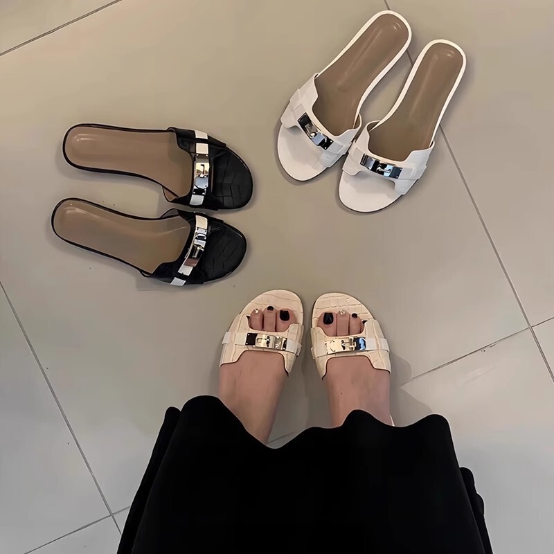Sheepskin Version ~ Small Gold Buckle Crocodile Pattern Genuine Leather Slippers for Women's Summer Outer Wear French Sandals Flats Casual Half Slippers