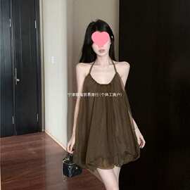 彼得精灵夏季辣妹花苞系带度假墨绿露背弹力纱裙气质连衣裙短裙子