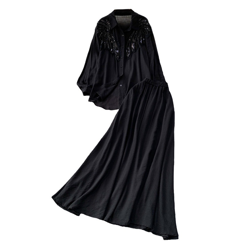 European Style Embroidered Pearl & Sequin Blouse With Mid-Length Skirt Set - Elegant Oversized Office Wear Two-Piece Outfit_ecoleips.com