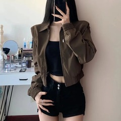 高级美拉德!!【褶皱抽绳】气质深棕复古短款外套2025新款正肩夹克