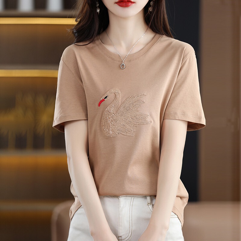 2022 Summer New 80 mercerized cotton T-shirt Women's Crewneck Breathable Loose Top Slimming T-shirt Swan Short Sleeve