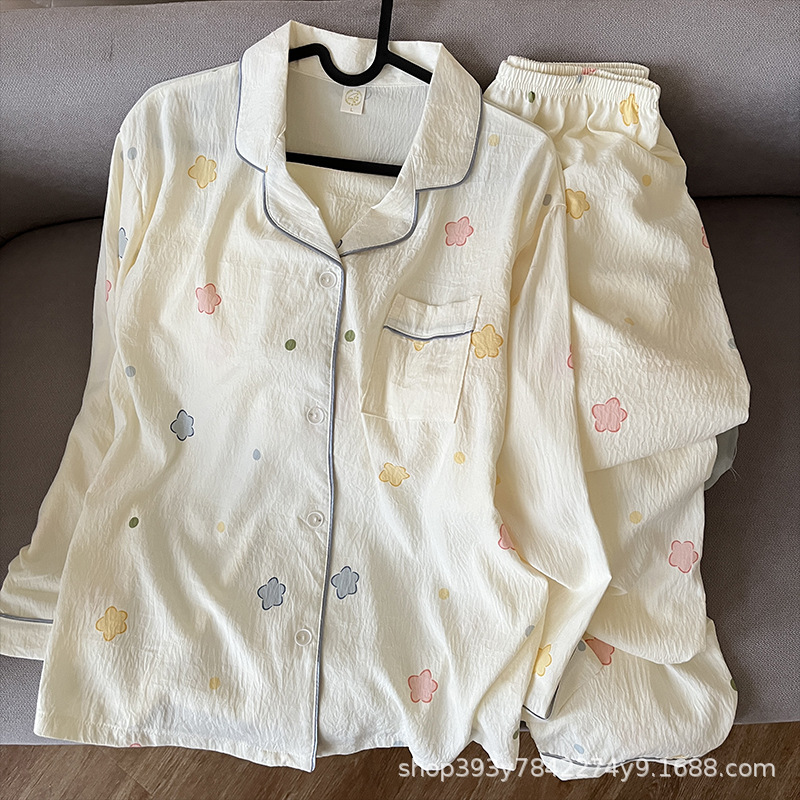 (2개) 5실 봉제 기술이 적용된 여성용 투피스 파자마, 클라우드 코튼 긴팔 팬츠, 스위트 걸리 스타일 가디건, 홈웨어 세트