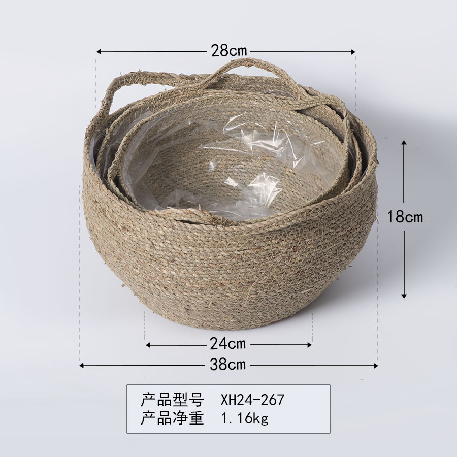 Cesta de almacenamiento con marco tejido de cuerda de paja de mar Cesta de almacenamiento de estilo pastoral tejida con cuerda hecha a mano Maceta de paja Cesta de acabado de ratán retro