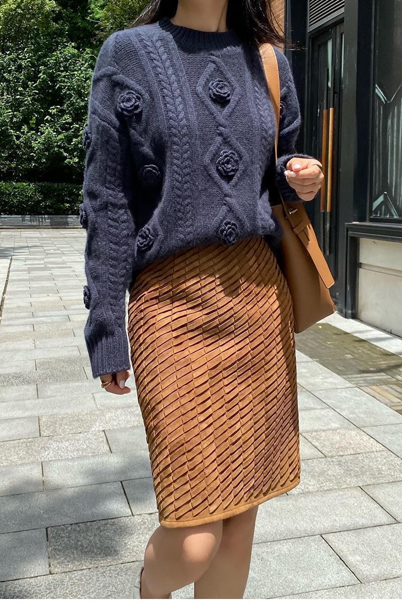 [Kasjmir Arisocraic Family] Fried Dough Twiss-genser med rund hals og blomsterprint, damegenser med løs bomullskrage_voghion.com