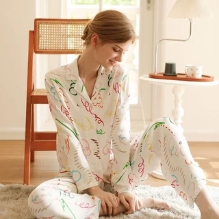女士翻领几何色彩线条印花家居服人棉贡缎薄款空调服套装可外穿