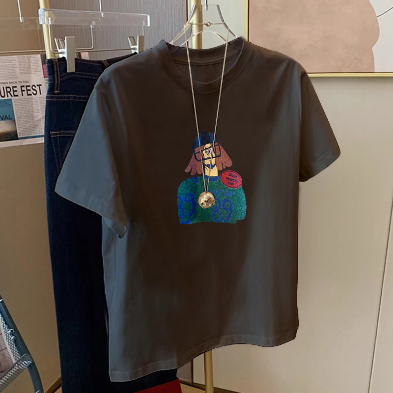 2025 New Summer Pure Cotton Gray Short-Sleeved T-Shirt Women's Loose and Versatile Cartoon Printed Tops for Small People