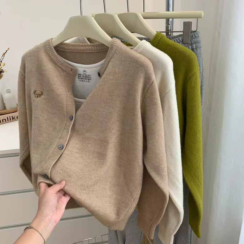 Women's Clothing High Grade Heavy Embroidery Fashion Round Neck Color Button Cashmere Soft Waxy Solid Color Versatile Basic Knitted Cardigan_voghion.com