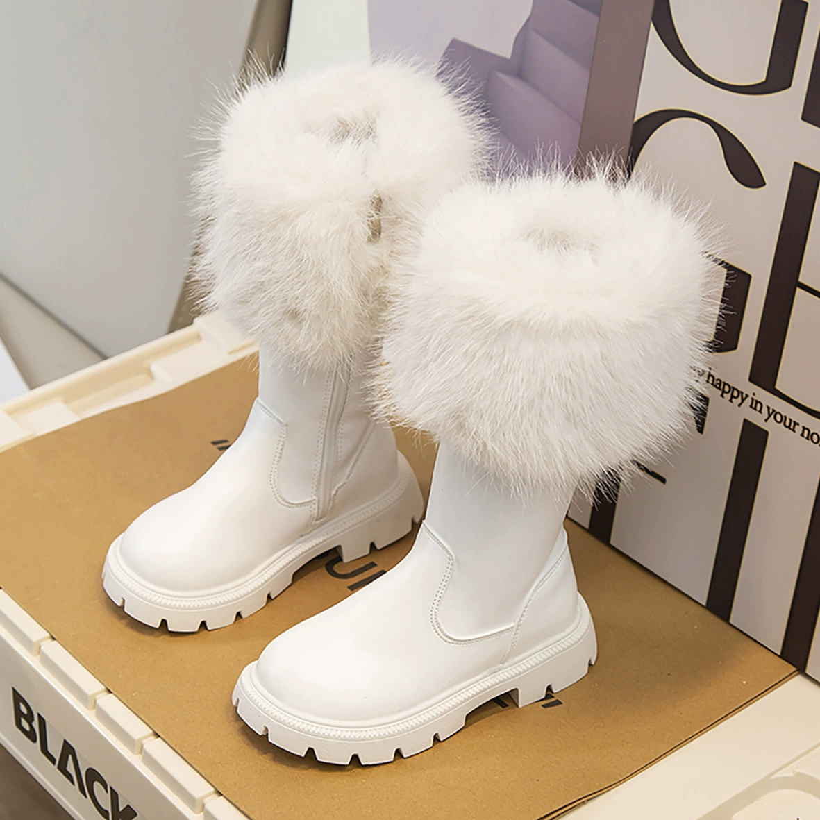 1 пара плюшевых туфель для девочек с декоративной застежкой-молнией, открывающейся и закрывающейся круглым носком, высокие кожаные сапоги черного или белого цвета, соответствующие внешней торговле