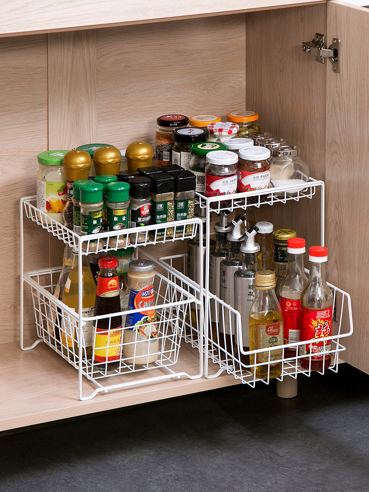 T9J5 wholesale cabinet storage rack kitchen layered spice rack household under sink push-pull drawer type organization and storage