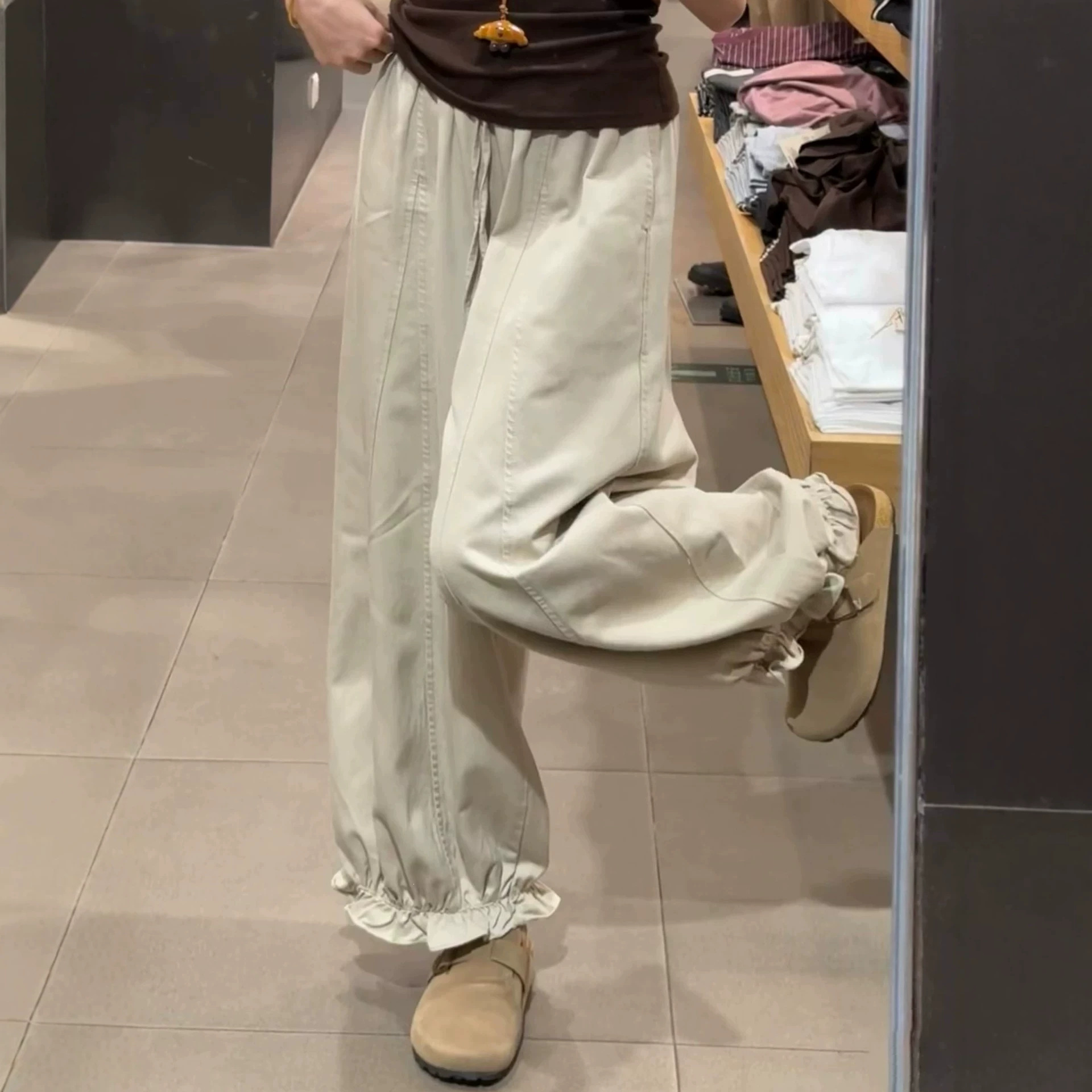 Khaki Ruffled Balloon Pants for Women, Summer 2026 New Style, Petite High-Waisted Slimming Casual Harem Pants