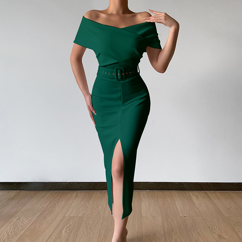 Solid Color Strapless Belt Slit Work Dress NSFLY107847