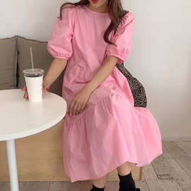 法式初恋粉色泡泡袖连衣裙女2024夏季新款减龄绝美宽松圆领长裙子