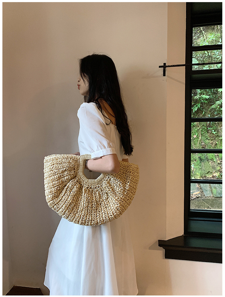Straw Bag Bags Type Travel, Shopping Occasion Straw Material Women's Medium Straw Solid Color Streetwear Semicircle Open Straw Bag
