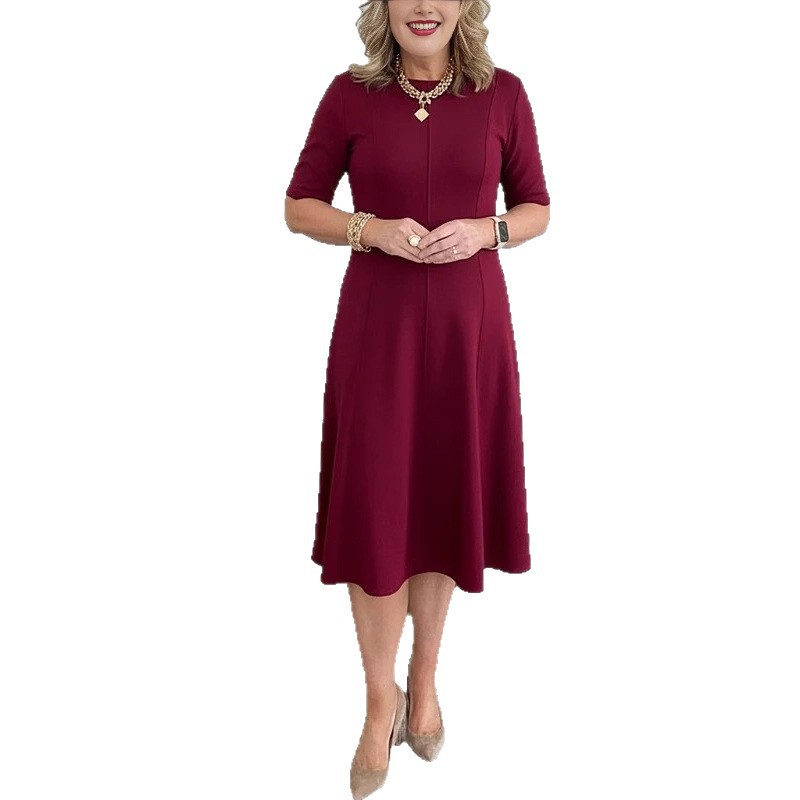 "2026 New Spring/Summer Short-Sleeve Slim-Fit Round-Neck Solid Color Dress, Elegant Women's Dress"_ecoleips.com