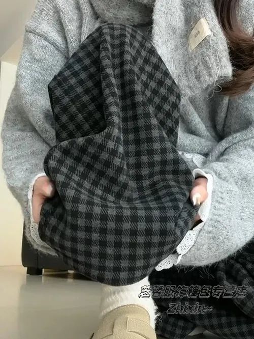 美式复古格子直筒阔腿裤女秋季2025新款高腰慵懒宽松长裤一件批发|undefined