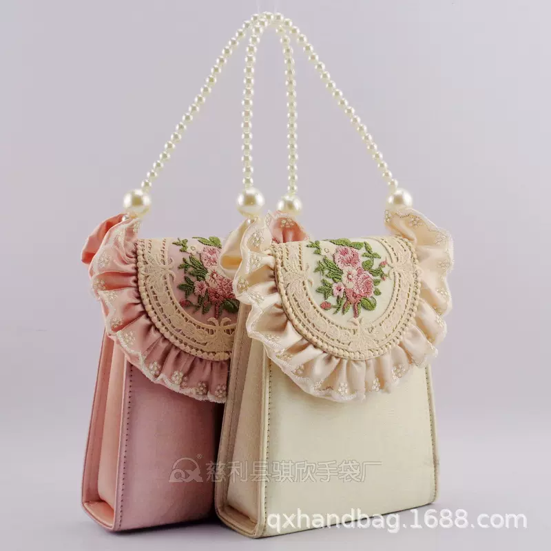 【现货】洛丽塔国风蕾丝刺绣荷叶边串珠手提女包 手袋 QX21034