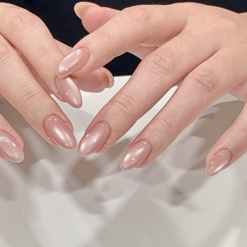 Solid Color Nude Cat Eye Flash Wearable Manicure Nails Short Almond Nails Foreign Trade Hot Selling Wearable Fake Nails