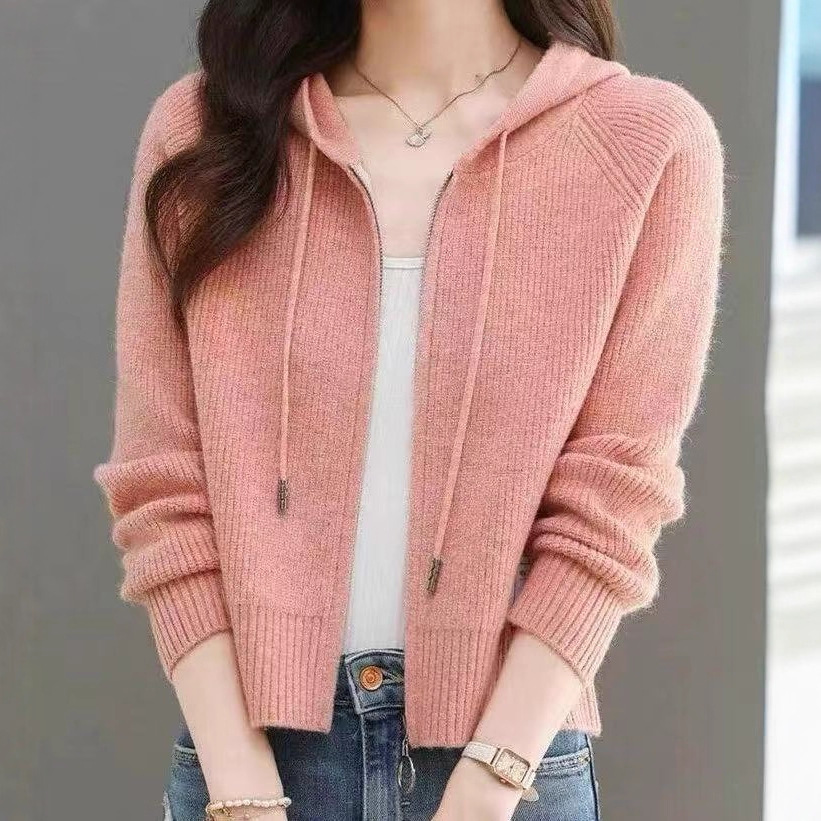 2025 Spring Petite Stylish Zipper Base Top New Hooded Sweatshirt Knitted Cardigan Sweater Jacket for Women