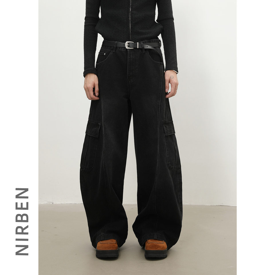 Quần jean nam ống rộng baggy phong cách retro Mỹ, nhiều túi khóa kéo, lưng giữa eo — màu xám đen
