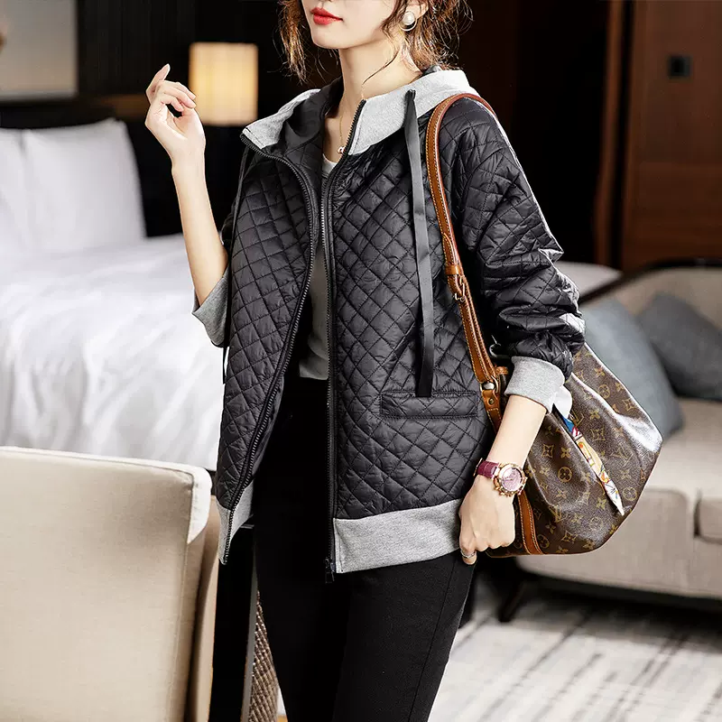 2023冬季新款大码棉衣女胖mm设计感菱格轻便连帽棒球服夹棉袄外套