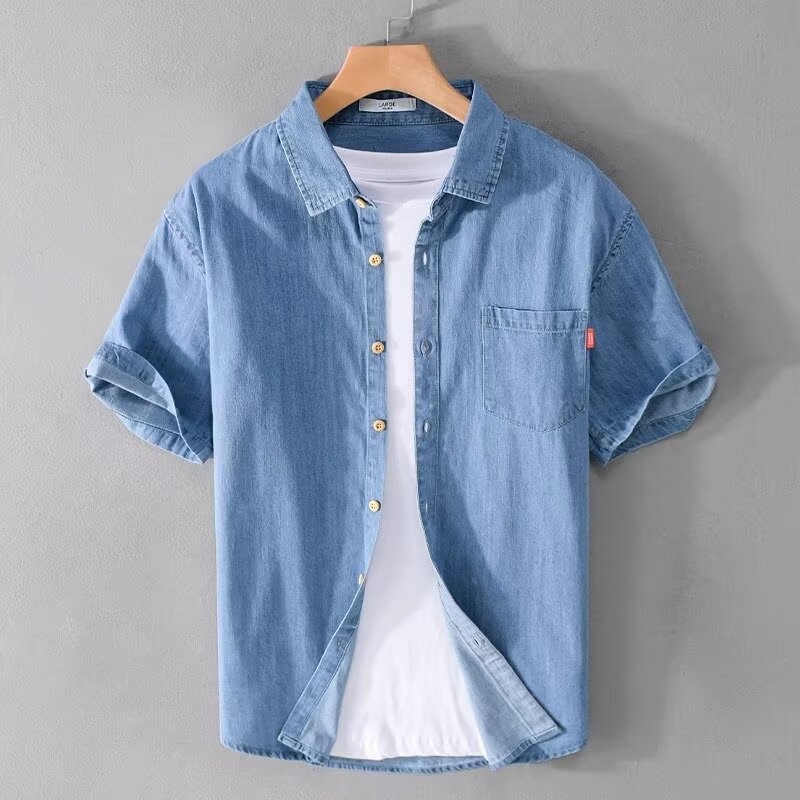 Summer Japanese Vintage Denim Shirt Men's High Street Loose Short Sleeve Denim Shirt Casual Shirt High Quality