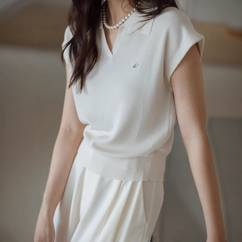 White Linen Tencel Lapel Knitted Short-Sleeved Women's Work Clothing New Summer Elegant Short Polo Shirt Top
