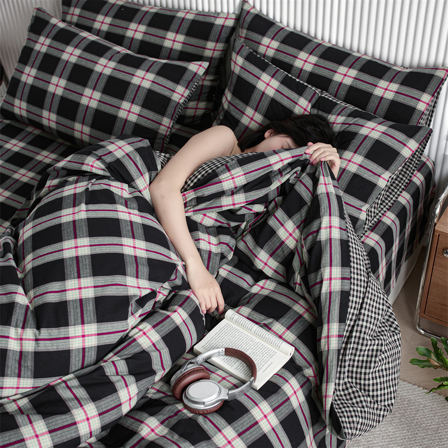 Vintage Plaid Pure Washed Cotton Four-piece Set, All-cotton Bed Duvet Cover, Fitted Sheet, Student Dormitory Single_voghion.com