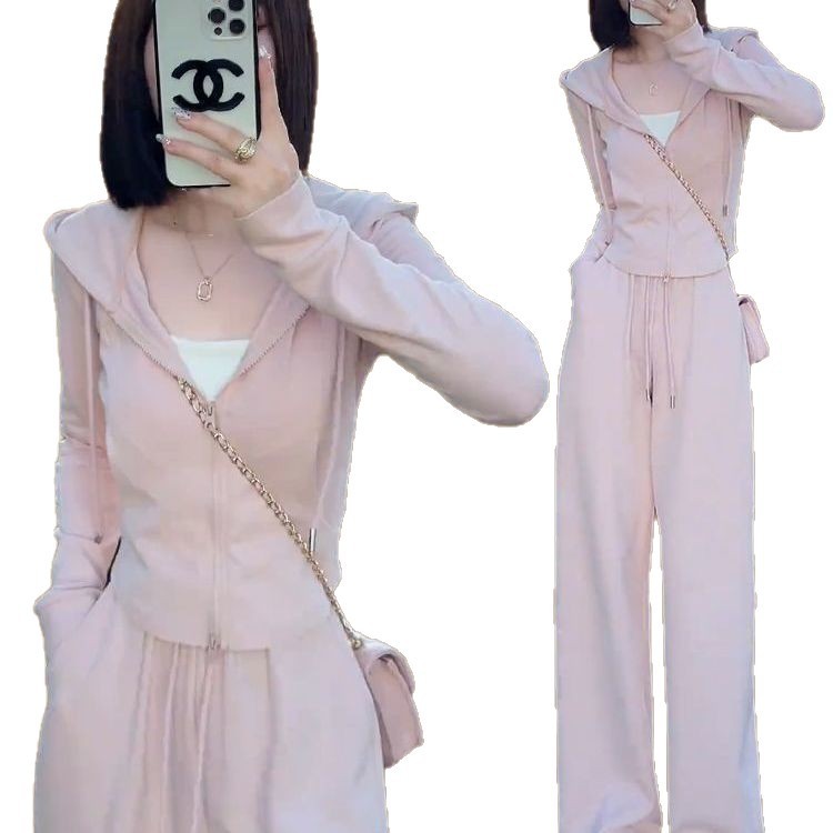 高含棉小个子休闲套装女2025年春秋季新款连帽卫衣阔腿裤两件套潮|undefined