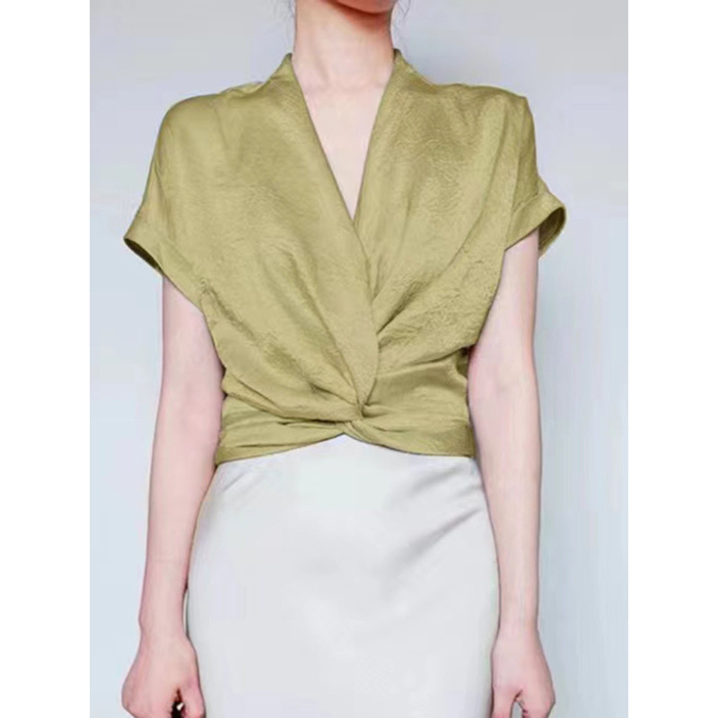 French V-neck cross design acetate pleated shirt summer new temperament socialite kink fly sleeve short top