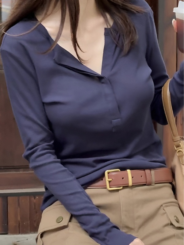 正肩长袖t恤女秋冬季2025新款修身打底衫辣妹美式藏蓝色内搭上衣|undefined