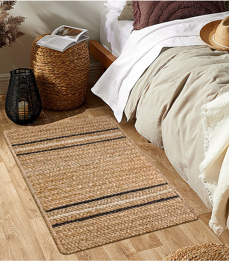 Natural Jute Hand-Woven Floor Mat for Entryway, Living Room, Bedroom, Bedside, Non-Slip, Glue-Free, Simple Carpet