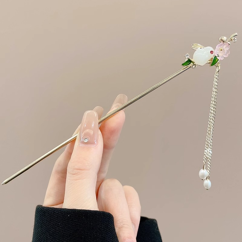 Horquilla de flores con flecos de estilo antiguo, temperamento femenino de alto nivel, escalón, horquilla de Hanfu, horquilla de cabello en la parte posterior de la cabeza, tocado de horquilla