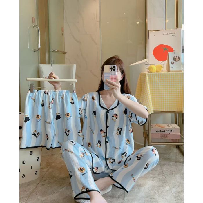 Cardigan transfronterizo al por mayor, pantalones de manga corta, pantalones cortos, pijamas de mujer de tres piezas, servicio a domicilio de solapa pequeña de verano
