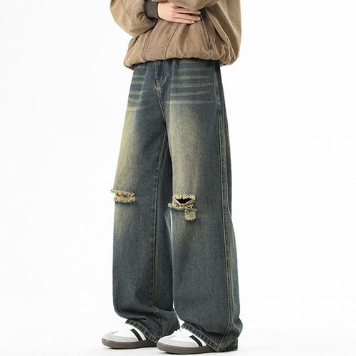 Vintage, broken hole, young and young jeans, men's four-season new style, loose, wide-leg, high-rise, fashionable straight casual long pants