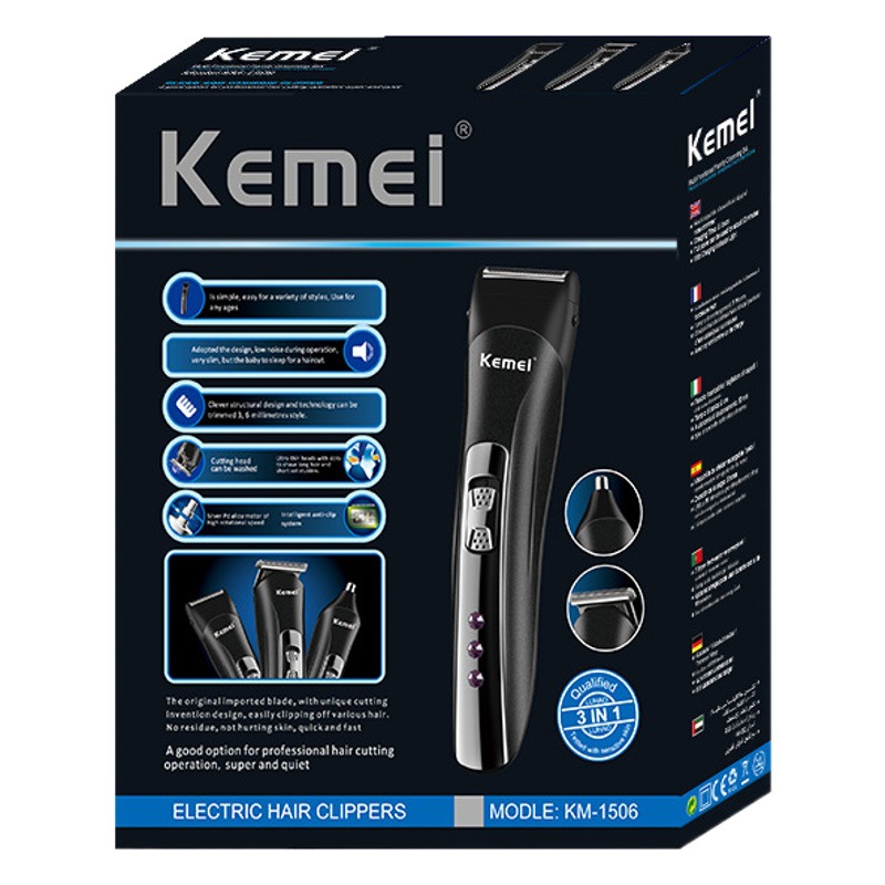 Cortadora de Pelo Eléctrica Kemei para Peinar y Recortar, Afeitadora Recargable USB 3 en 1 y Recortadora de Vello Nasal KM-1506.