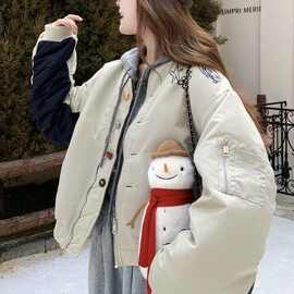 90白鸭绒棒球服羽绒服女短款2025冬季小个子撞色拼接加绒加厚外套