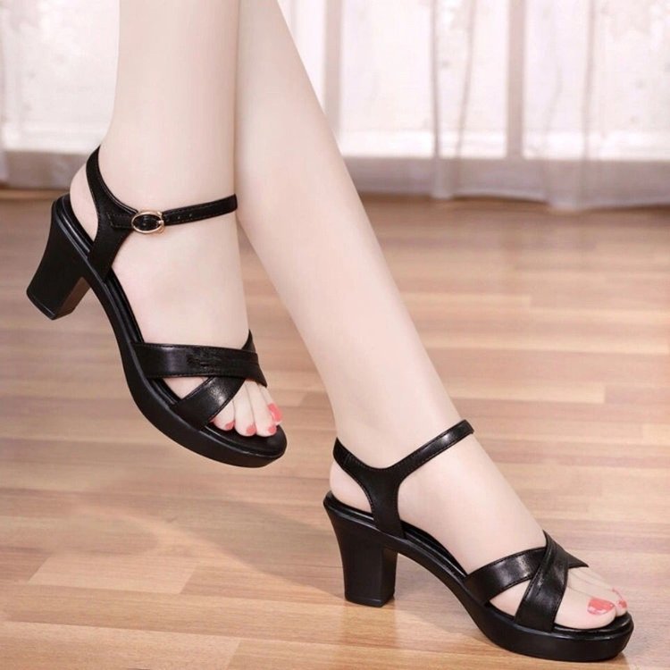 Sandalias con punta abierta para mujer verano nuevo estilo de tacón medio, suela gruesa, cuero suave, cómodo, hebilla de una palabra, plataforma, sandalias madre