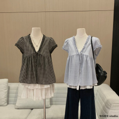 WGWE 夏の女性の韓国デザインレースステッチチェック柄ルーズ痩身偽ツーピース V ネックシャツ W6385