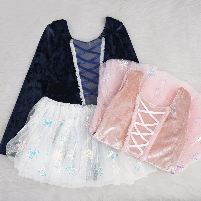 Ropa de baile para niños, falda de gasa hinchada con copo de nieve, terciopelo de otoño e invierno, traje de ballet de manga larga, ropa de actuación, ropa de práctica