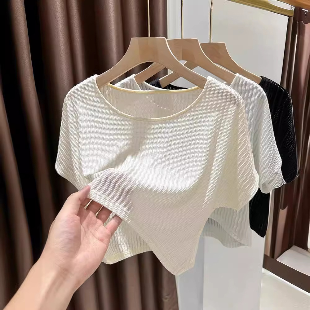 Perspective Lace Base Shirt Women's Summer Thin Slip Skirt with Short Sleeve T-shirt with Wooden Ear Hollow Mesh Top