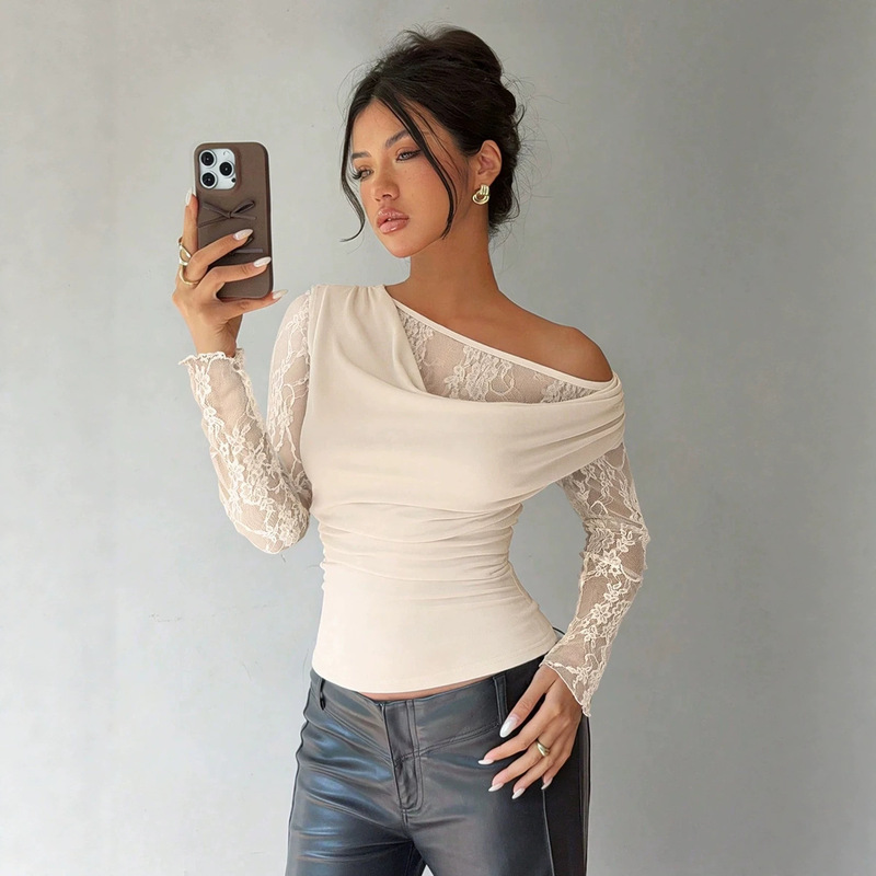 Cross-border Amazon European and American 2026 Autumn New Women's Lace Patchwork Elegant Slim-Fit Long-Sleeve Boat Neck T-Shirt Cross-border Amazon European and American 2026 Autumn New Women's Lace Patchwork Elegant Slim-Fit Long-Sleeve Boat Neck T-Shirt