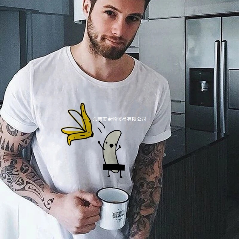 Men's T-shirt for summer, cute banana design, fun and trendy men's T-shirt top, white O-neck, casual and fashionable T-shirt Men's T-shirt for summer, cute banana design, fun and trendy men's T-shirt top, white O-neck, casual and fashionable T-shirt