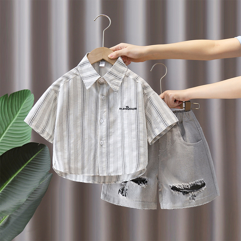 7367 Traje de camisa para niños Camisa a rayas de manga corta delgada de verano para niños 2025 nuevo traje de verano de dos piezas de verano