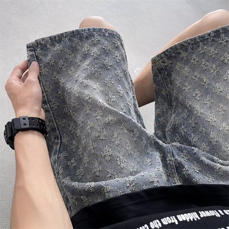 Jacquard Denim Shorts Men's Summer Thin Trendy Brand Handsome Street Pants American High Street Loose Knee-Length Pants